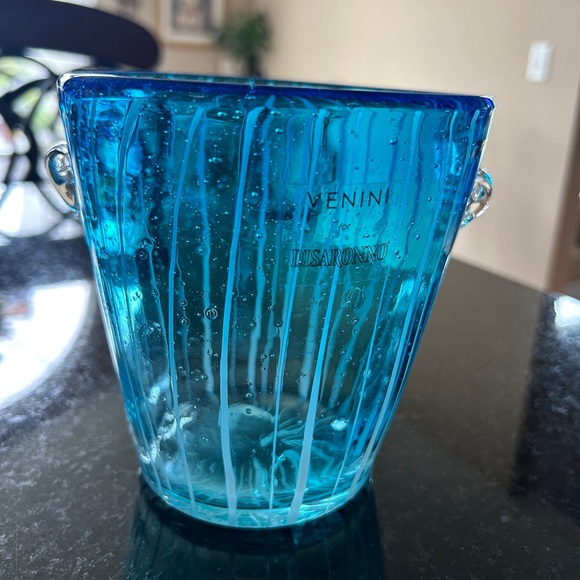 Vintage Murano Venini Venetian Ice Bucket Blue and White Art Glass 1980s